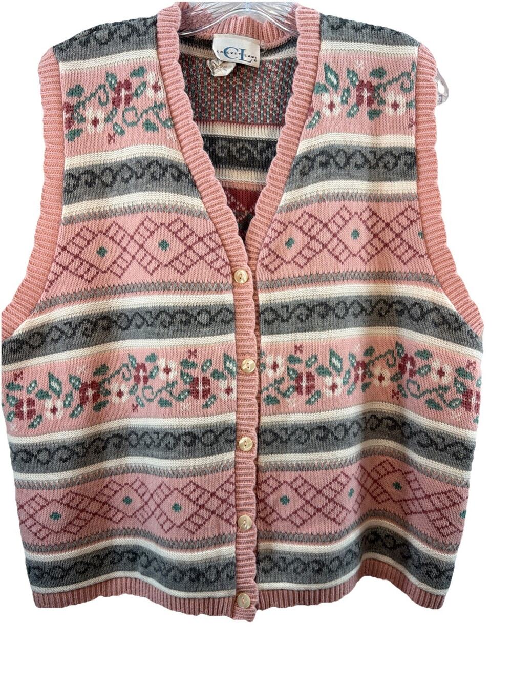 Cricket Lane Patterned Sweater Vest Women's L Pink Ivory Floral Grandmacore